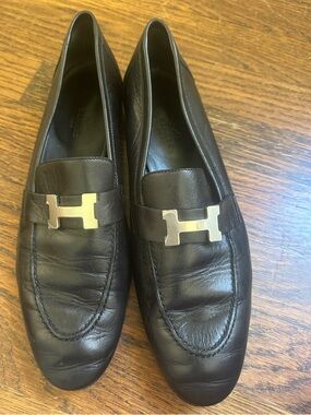 Hermes Black Leather Loafers with Gold H Accent